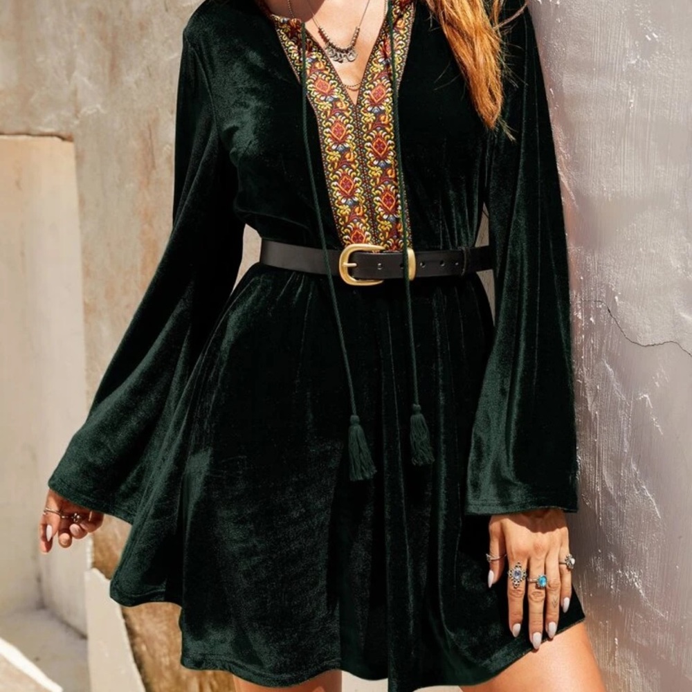 Boho embroidered tassel velvet long sleeve dress - Picture 7 of 7